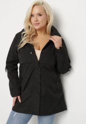Czarna Kurtka w Stylu Parki z Kapturem i Ściągaczem w Talii Efanelena. Czarne kurtki damskie Born2be, plus size, bez wzorów, z jeansu. Za 159.99 zł.