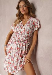 Biała Wiskozowa Sukienka Midi w Kwiaty z Gumką w Pasie i Materiałowym Paskiem Aidenia. Białe sukienki damskie Renee, l, bez wzorów, z materiału, bez kołnierzyka, bez ramiączek, midi, kopertowe. W wyprzedaży za 45.49 zł.