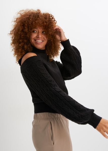 Sweter cold-shoulder. Szare swetry klasyczne damskie bonprix, bez kołnierzyka. Za 129.99 zł.