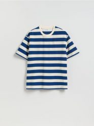 T-shirt boxy w paski - złamana biel. T-shirty męskie Reserved, l, bez wzorów, z bawełny, bez kołnierzyka. Za 79.99 zł.