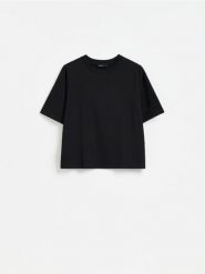 T-shirt z bawełną - czarny. Czarne t-shirty damskie Reserved, l, bez wzorów, z bawełny, bez kołnierzyka. Za 59.99 zł.