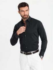 Klasyczna koszula męska SLIM FIT z satynowej tkaniny – czarna V4 OM-SHOS-0176 - XL. Czarne koszule męskie Ombre Clothing, l, bez wzorów, z bawełny, bez kołnierzyka, bez ramiączek. W wyprzedaży za 119.99 zł.