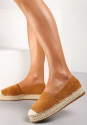 Camelowe Espadryle na Plecionej Podeszwie Sirelora. Brązowe espadryle damskie Renee, bez wzorów, z jeansu, bez obcasa. Za 49.99 zł.