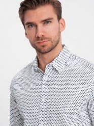 Męska koszula w drobny wzór SLIM FIT - biała V2 OM-SHCS-0140 - XXL. Białe koszule męskie Ombre Clothing, l, bez wzorów, z bawełny, bez kołnierzyka, bez ramiączek. W wyprzedaży za 69.99 zł.