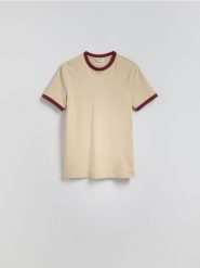 Bawełniany t-shirt slim fit - beżowy. Brązowe t-shirty męskie Reserved, l, bez wzorów, z bawełny, bez kołnierzyka. W wyprzedaży za 39.99 zł.