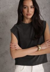 Czarny Top z Bawełny w Stylu Grunge z Szeroką Linią Ramion Tezorea. Czarne topy damskie Renee, m, bez wzorów, z bawełny, bez kołnierzyka. Za 79.99 zł.