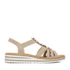 Sandały Rieker. Brązowe sandały damskie Rieker, bez wzorów, bez obcasa, na koturnie. Za 319.99 zł.