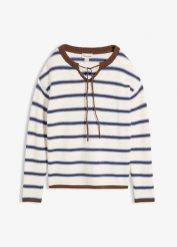 Gruby sweter z wiązaniem przy dekolcie, z mieszanki bawełny. Białe swetry klasyczne damskie bonprix, z bawełny, bez kołnierzyka. Za 129.99 zł.