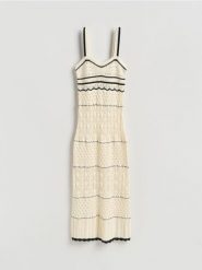 Sukienka w ażurowy wzór - wielobarwny. Sukienki damskie Reserved, l, w ażurowe wzory, z bawełny, bez kołnierzyka, bez ramiączek, dopasowane. Za 199.99 zł.