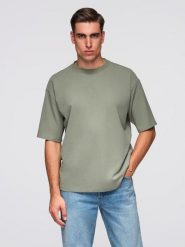 Męski t-shirt bawełniany LOOSE FIT z okrągłym dekoltem – khaki V8 - Rozmiar: M. Brązowe t-shirty męskie Ombre Clothing, l, bez wzorów, z bawełny, bez kołnierzyka. Za 129.99 zł.