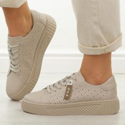 Beżowe skórzane ażurowe półbuty damskie DiA 5938. Brązowe półbuty damskie DiA, w ażurowe wzory, z dzianiny, casualowe, bez obcasa. Za 239.00 zł.