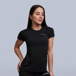 Koszulka damska fitness slim czarna TRN. Czarne bluzki sportowe damskie GYMBEAM, s, bez wzorów, z materiału, bez ramiączek. Za 67.90 zł.