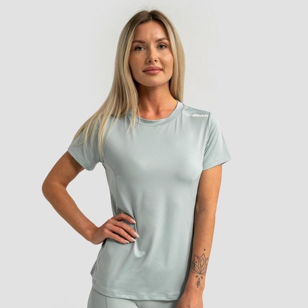 Koszulka damska fitness regular z krótkim rękawem eukaliptusowa Limitless. Zielone bluzki sportowe damskie GYMBEAM, uniwersalny, bez wzorów, z materiału, bez ramiączek. Za 76.90 zł.