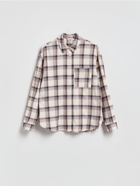 Koszula w kratę - złamana biel. Koszule damskie Reserved, l, bez wzorów, z bawełny, bez kołnierzyka, bez ramiączek. Za 139.99 zł.