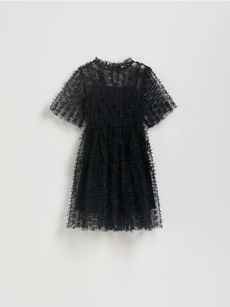 Tiulowa sukienka z kokardkami - czarny. Czarne sukienki dziewczęce Reserved, bez wzorów, z materiału, bez ramiączek. W wyprzedaży za 59.99 zł.