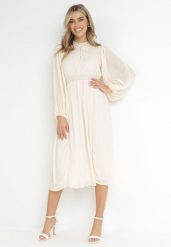Beżowa Elegancka Sukienka Midi z Gumkami w Pasie i Ażurowymi Wstawkami Rouxia. Brązowe sukienki damskie Born2be, l, w ażurowe wzory, eleganckie, bez kołnierzyka, bez ramiączek, midi. W wyprzedaży za 151.99 zł.