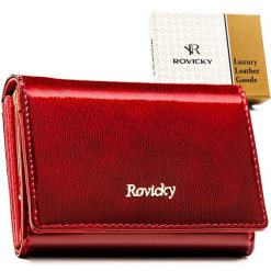 Portfel damski z lakierowanej skóry naturalnej w czerwonym kolorze zamykany na zatrzask i bigiel - Rovicky. Czerwone portfele damskie ROVICKY, bez wzorów, ze skóry. Za 99.99 zł.