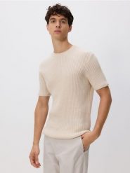 Sweter z krótkim rękawem - beżowy. Brązowe swetry męskie Reserved, l, bez wzorów, z bawełny, bez kołnierzyka. Za 99.99 zł.