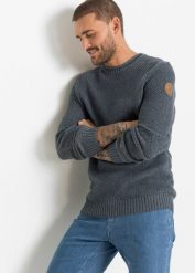 Sweter z bawełny z recyklingu. Niebieskie swetry męskie bonprix, l, bez wzorów, z bawełny, bez kołnierzyka. Za 124.99 zł.