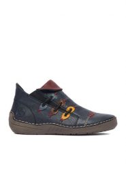 Rieker Botki CEO-72581-14 Granatowy. Niebieskie botki damskie Rieker, ze skóry, bez obcasa, na płaskiej podeszwie, bez zapięcia. Za 349.99 zł.