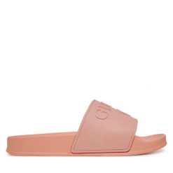 Klapki Guess. Brązowe klapki damskie Guess, z aplikacjami, bez obcasa. Za 129.99 zł.