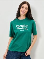 Bawełniana koszulka z napisem - ciemny turkus. T-shirty damskie Sinsay, l, bez wzorów, z bawełny, bez kołnierzyka. Za 29.99 zł.