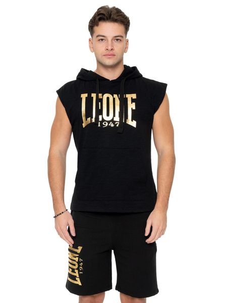 Męska złota bluza bez rękawów z kapturem. Czarne bluzy sportowe męskie LEONE 1947 APPAREL, bez wzorów, bez kołnierzyka, bez ramiączek. Za 265.23 zł.