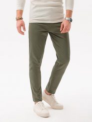 Spodnie męskie chinosy SLIM FIT - oliwkowe V26 - Rozmiar: M. Zielone spodnie materiałowe męskie Ombre Clothing, bez wzorów, z bawełny. W wyprzedaży za 69.99 zł.