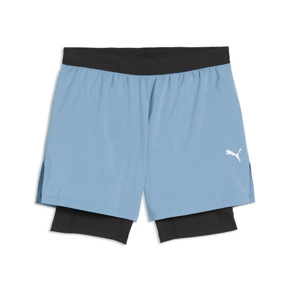 Szorty 2 w 1 Puma 5" Dreamrun dryCELL. Niebieskie szorty męskie Puma, ze skóry, bez kołnierzyka. Za 227.50 zł.