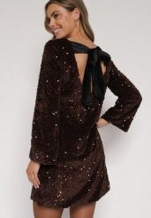 Brązowa Cekinowa Sukienka z Odkrytymi Plecami i Wiązaniem Diadina. Brązowe sukienki damskie Born2be, na imprezę, z aplikacjami, z elastanu, eleganckie, bez kołnierzyka, bez ramiączek. Za 169.99 zł.