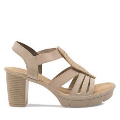 Sandały Rieker. Brązowe sandały damskie Rieker, bez wzorów, bez obcasa, na słupku. Za 299.99 zł.