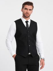 Męska dopasowana kamizelka z rayonem i marmurkowymi guzikami – czarna V4 OM-BLZV-0112 - XXL. Czarne kamizelki męskie Ombre Clothing, l, z poliesteru. Za 143.99 zł.