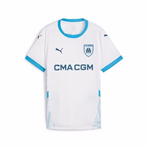 Koszulka domowa dla kobiet OM 2024/25. Białe bluzki damskie Puma, bez wzorów, sportowe, bez kołnierzyka, bez ramiączek. W wyprzedaży za 274.40 zł.