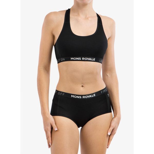 Biustonosz sportowy Mons Royale Sierra Sports Bra. Czarne biustonosze sportowe damskie Mons Royale, bez wzorów. Za 182.99 zł.