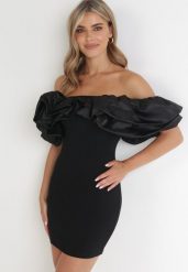 Czarna Sukienka Dopasowana z Falbanami Acore. Czarne sukienki damskie Born2be, na imprezę, m, bez wzorów, eleganckie, bez kołnierzyka, bez ramiączek, mini, dopasowane. W wyprzedaży za 135.99 zł.