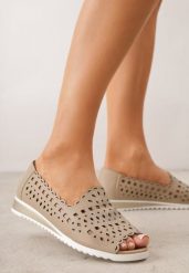 Beżowe Balerinki Ażurowe ze Skóry Naturalnej z Odkrytym Noskiem Amalimeni. Brązowe baleriny damskie Born2be, w ażurowe wzory, z jeansu, bez obcasa. Za 199.99 zł.