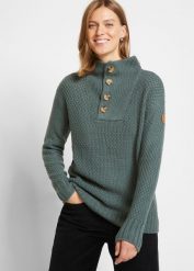 Sweter ze stójką w strukturalny wzór. Zielone golfy damskie bonprix, bez wzorów, bez ramiączek. Za 109.99 zł.