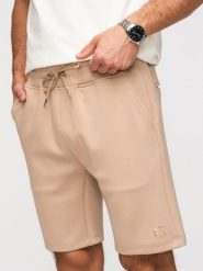Męskie szorty z gładkiej dzianiny REGULAR FIT - beżowe V3 - Rozmiar: XL. Brązowe szorty męskie Ombre Clothing, z dzianiny, bez kołnierzyka. Za 169.99 zł.