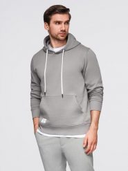 Męska bluza dresowa kangurka z kapturem - szara V8 - Rozmiar: L. Szare bluzy z kapturem męskie Ombre Clothing, l, z bawełny. Za 155.99 zł.