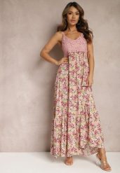 Różowa Rozkloszowana Sukienka Maxi z Wiskozy w Kwiatowy Print na Ramiączkach Roisintia. Czerwone sukienki damskie Renee, m, bez wzorów, z wiskozy, bez kołnierzyka, bez ramiączek, maxi, rozkloszowane. W wyprzedaży za 63.99 zł.