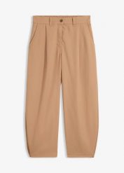 Spodnie o kroju barrel z nogawką 7/8. Brązowe spodnie materiałowe damskie bonprix, bez wzorów. Za 129.99 zł.