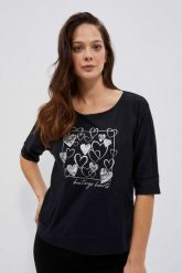 T-shirt z nadrukiem serc czarny. Czarne t-shirty damskie MOODO, bez wzorów, z bawełny, bez kołnierzyka. W wyprzedaży za 27.99 zł.