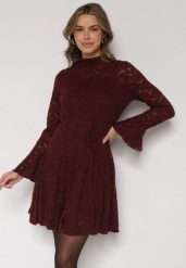 Bordowa Koronkowa Sukienka z Wiązaniem Półgolfem i Falbankami Alnefera. Czerwone sukienki damskie Born2be, m, bez wzorów, z koronki, klasyczne, bez kołnierzyka, bez ramiączek, mini. Za 179.99 zł.