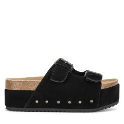 Klapki Badura. Czarne klapki damskie Badura, bez wzorów, bez obcasa. Za 229.99 zł.
