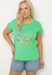 Zielony T-shirt z Kolorowym Nadrukiem z Bawełny Mepitia. Zielone t-shirty damskie Born2be, s, bez wzorów, z bawełny, bez kołnierzyka. Za 34.99 zł.