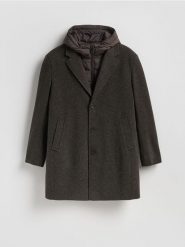 Płaszcz z kapturem - ciemnobrązowy. Brązowe płaszcze męskie Reserved, l, bez wzorów, z tkaniny. Za 359.99 zł.