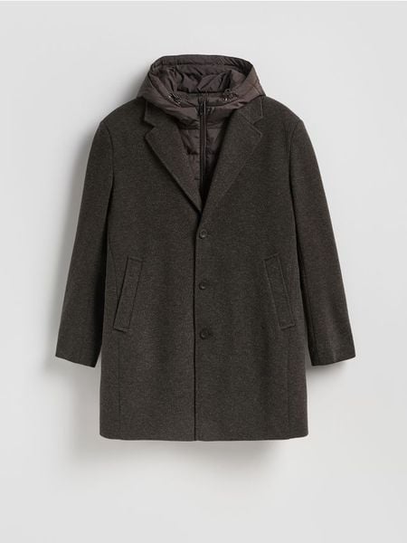 Płaszcz z kapturem - ciemnobrązowy. Brązowe płaszcze męskie Reserved, l, bez wzorów, z tkaniny. Za 359.99 zł.