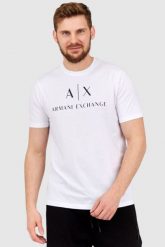 ARMANI EXCHANGE Biały t-shirt męski z czarnym logo. Białe t-shirty męskie Armani Exchange, l, bez wzorów, prążkowane, bez kołnierzyka. W wyprzedaży za 150.99 zł.
