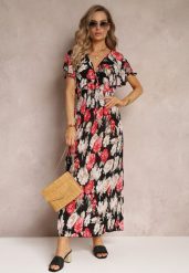 Czarno-Czerwona Kopertowa Sukienka Maxi w Kwiaty z Gumką w Talii Jazzly. Czerwone sukienki damskie Renee, l, bez wzorów, bez kołnierzyka, bez ramiączek, maxi, kopertowe. W wyprzedaży za 52.49 zł.