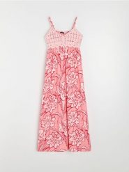 Wiskozowa sukienka midi z koronkowym detalem - wielobarwny. Sukienki damskie Sinsay, l, bez wzorów, z koronki, bez kołnierzyka, bez ramiączek, midi. Za 59.99 zł.